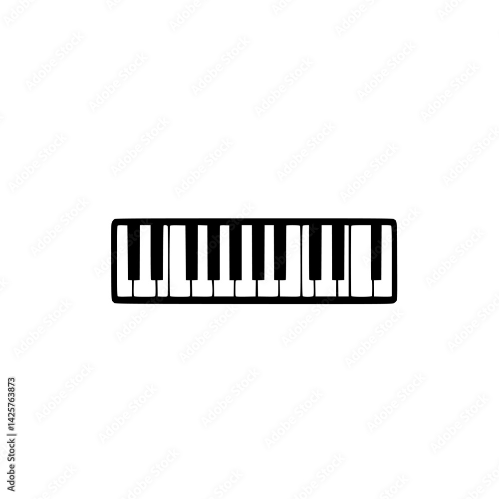 Poster black icon of a piano keyboard featuring white and black keys in a minimalistic design suitable for 