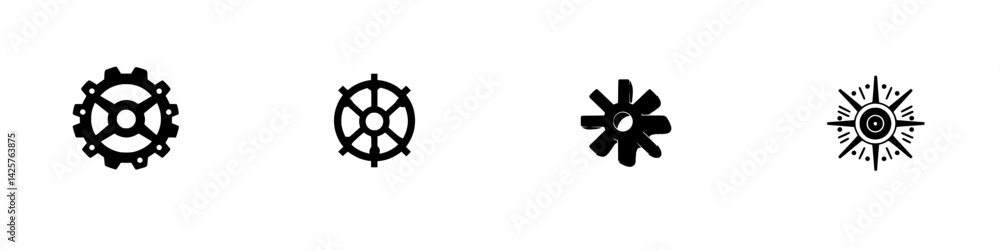 Poster set of four black icons representing various mechanical and decorative elements in a modern graphic 