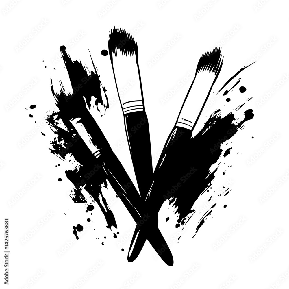Poster set of black paint brushes creating artistic splashes on a canvas background