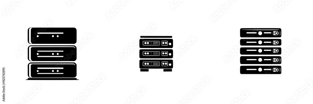Aufkleber black icons representing various server types depicting server stacks, compact servers, and data man