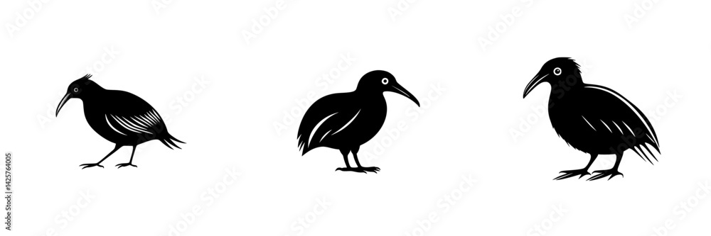 Poster set of black icons featuring three different bird designs in a minimalist style and unique stances