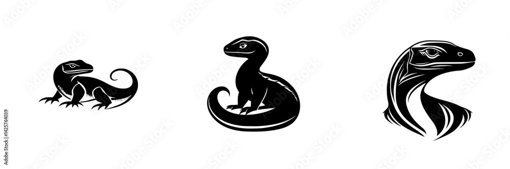 Poster set of black reptile icons showcasing different styles of lizards in a minimalist design suitable fo