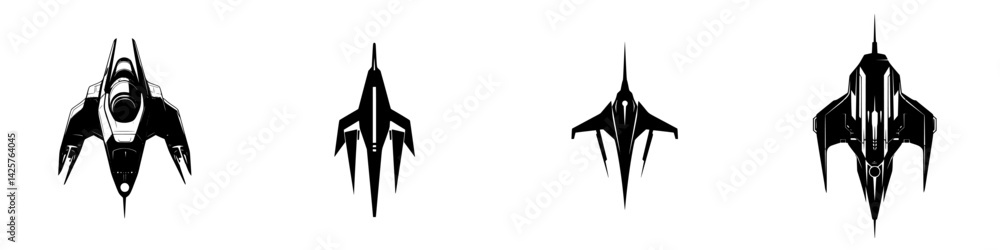 Poster set of black icons representing futuristic spacecraft designs viewed from different angles in a mini