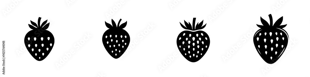 Poster different styles of black strawberry icons arranged in a row against a white background for graphic 