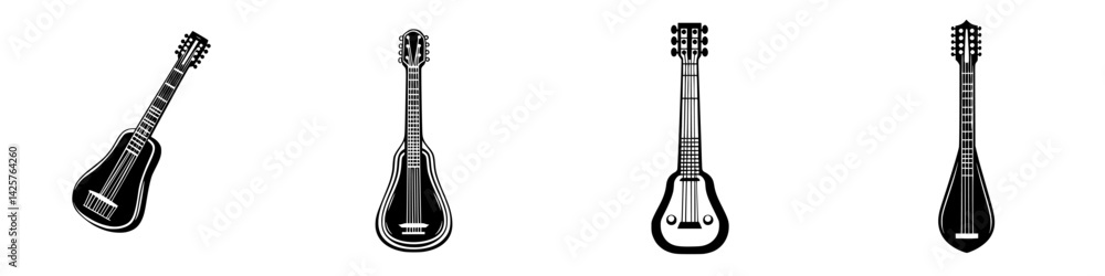 Poster various black icons of string instruments showcasing unique designs and styles in a minimalist layou
