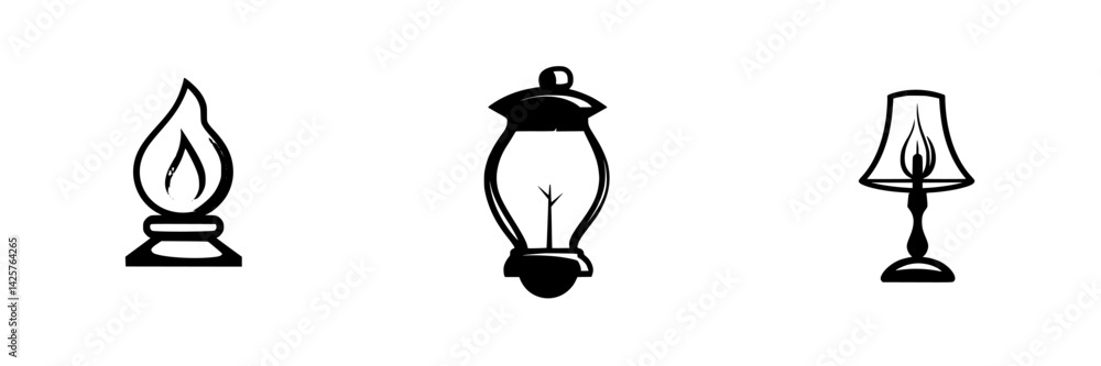 Poster set of three black icons representing different types of lighting fixtures for design and decorative