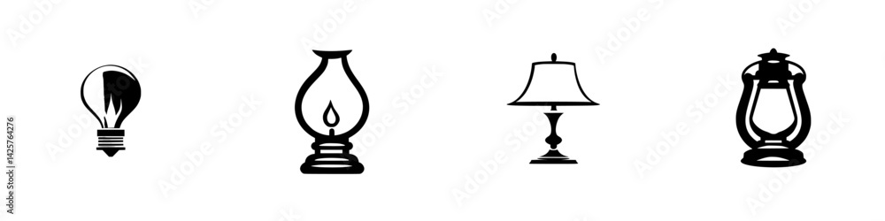 Poster set of black icons representing various types of lighting sources in a minimalistic design style