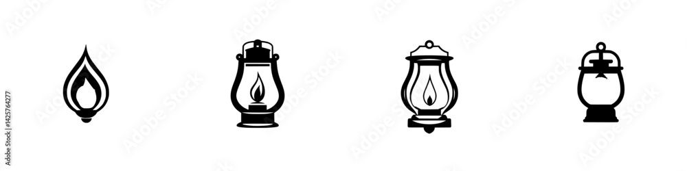 Poster set of black icons depicting various styles of lanterns in a minimalist design suitable for digital 