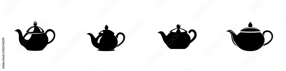 Poster set of black teapot icons showcasing various styles and designs in a minimalist format for culinary 
