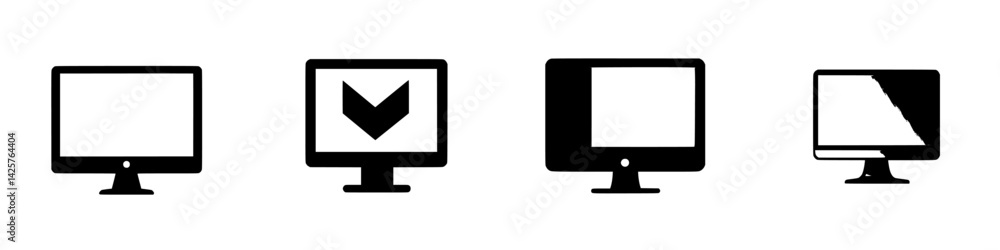 Poster set of black computer icons depicting various monitor designs and styles
