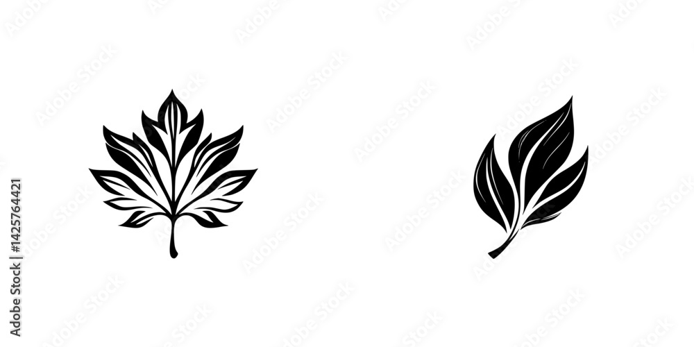 Poster black icon featuring two distinct leaf designs showcasing intricate shapes and patterns suitable for