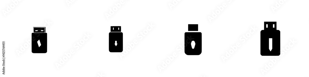 Poster set of black icons representing usb flash drives and their functionalities in a minimalist design su