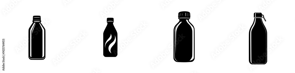 Poster set of black icons depicting various bottle shapes suitable for design and branding projects