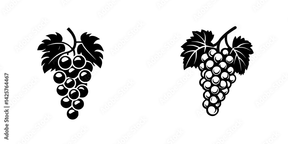 Poster black icons of grape clusters with leaves representing vineyards and winemaking in a simple design f