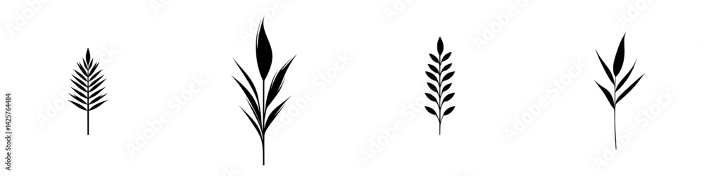Poster set of four black plant icons with diverse leaf shapes arranged in a linear format for design use