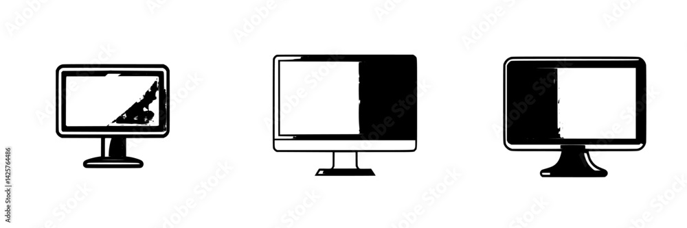 Poster black icon set featuring three different computer monitor designs showcasing various screen layouts 