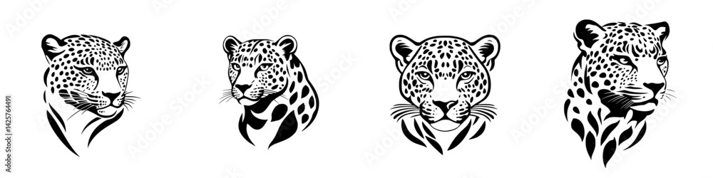 Poster design featuring four black icons of leopard and cheetah heads in distinct styles with elegant detai