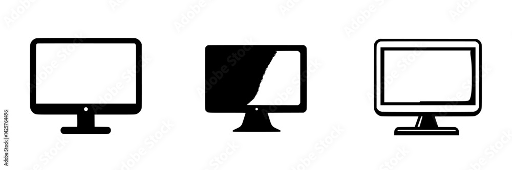 Poster black icon set showcasing three distinct computer monitor designs for digital use and graphic applic