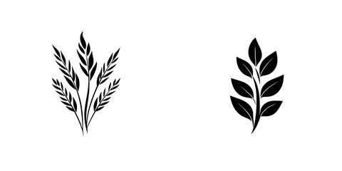 Black icon illustrations of stylized plant designs showcasing leaves and wheat in a minimalistic style for use in various graphic projects