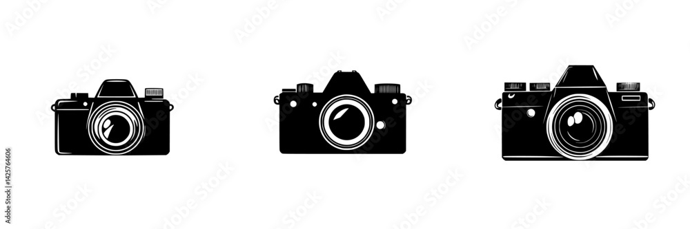 Poster black camera icons displayed in a row representing different styles and designs for photography enth