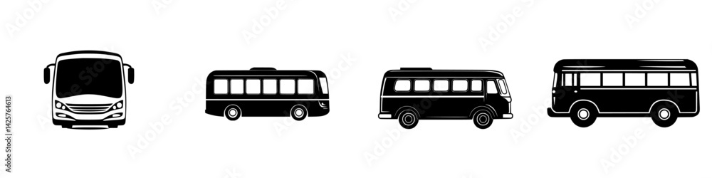 Poster different styles of black bus icons illustrating various transportation modes on a white background