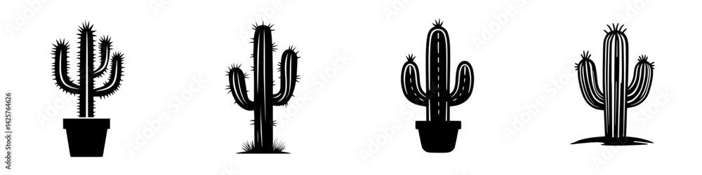 Poster five distinct black icons of cacti in various shapes and sizes designed for digital use and graphic 