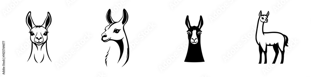 Poster different variations of a black icon depicting a llama in various artistic styles and outlines on a 