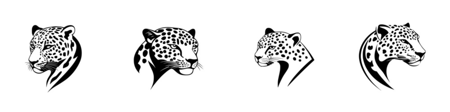 Black icon set showcasing elegant leopard head designs for various artistic applications