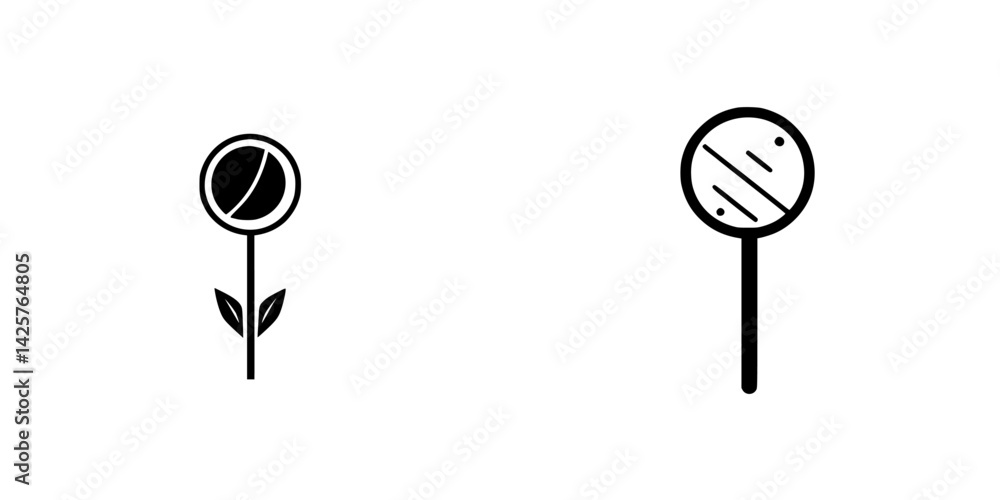 Poster set of black icons depicting a flower and a round sign on a plain background highlighting simplicity