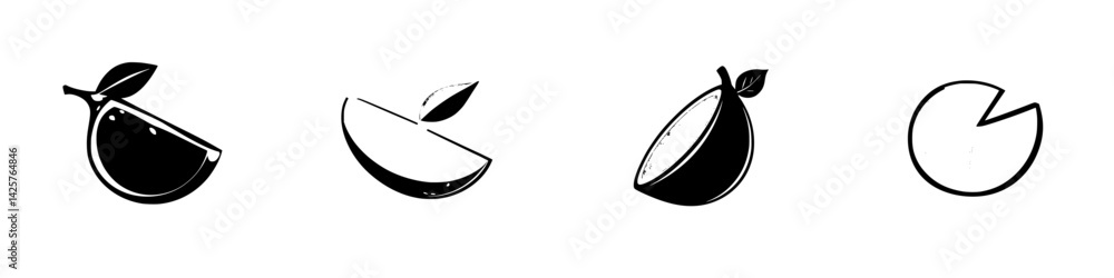 Poster black icon set featuring four distinctive black fruit designs with simple leaves and varying shapes 