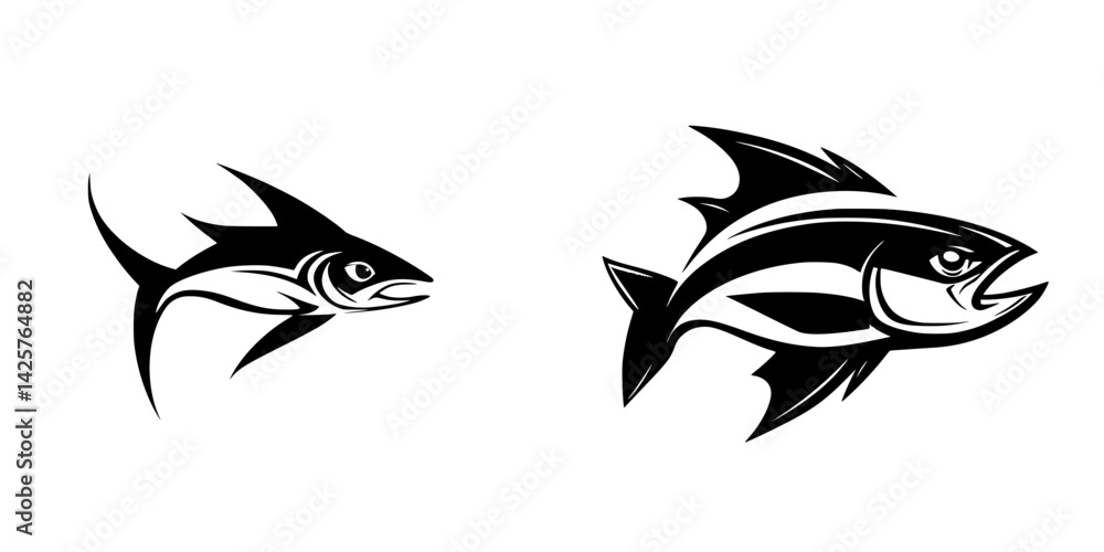 Poster black icon design featuring two stylized fish in a minimalist style suitable for various application