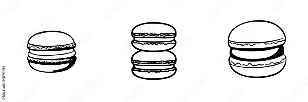 Aufkleber set of black icons depicting macarons in three different arrangements with distinct layers and shape