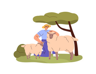 Agriculture worker shepherds livestock on pasture, field. Farmer cares about cute sheep, baby lamb on meadow. Happy person growing farm animals. Flat isolated vector illustration on white background