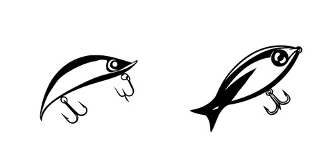 Obraz premium Black fishing lure icons showcasing distinct designs in a minimalist style perfect for fishing enthusiasts and graphic applications
