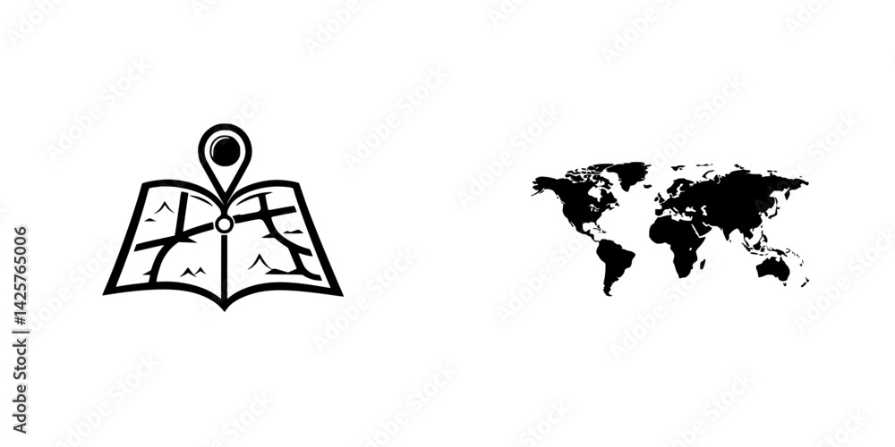 Poster black icons depicting a map and a world map, symbolizing navigation and exploration in a simple desi