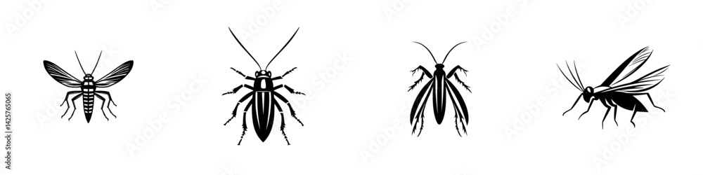 Poster set of black insect icons showcasing various types of pests and bugs in a simple and clean style for