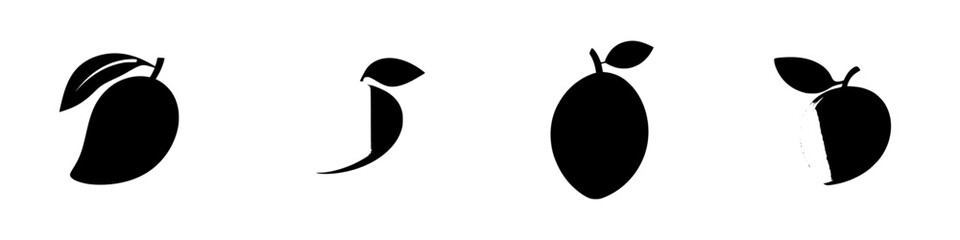 Set of four black icons depicting different mango designs showcasing various shapes and perspectives