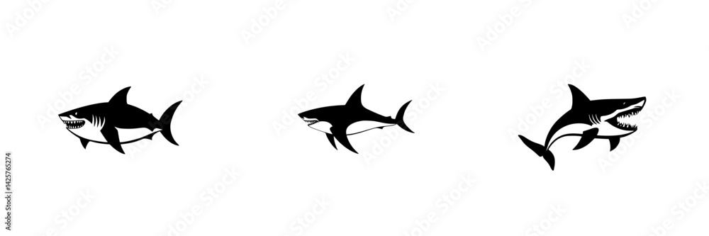 Poster set of black icons representing various shark designs in a simplistic and stylized form, suitable fo