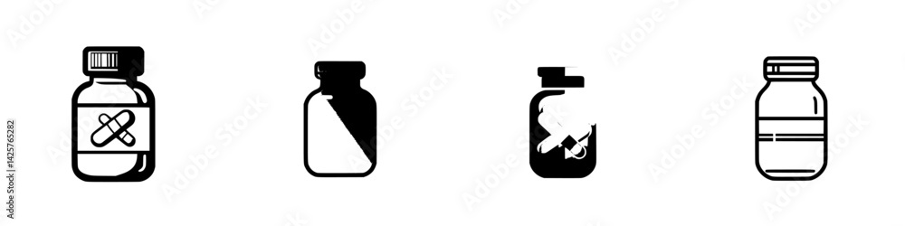 Poster set of black icons representing various types of bottles and containers commonly used for medication