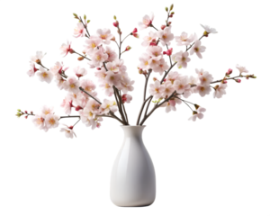 White ceramic vase with blooming cherry blossoms