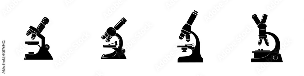 Poster collection of black microscope icons representing various designs and functionalities for scientific