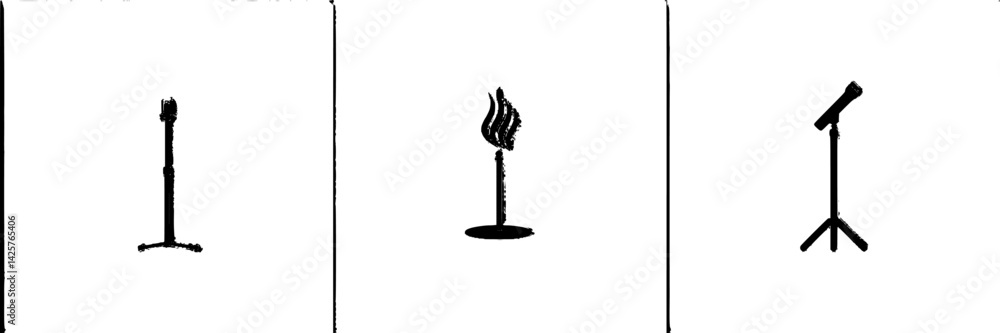 Poster set of black icons representing a microphone, torch, and tripod on a white background during a desig