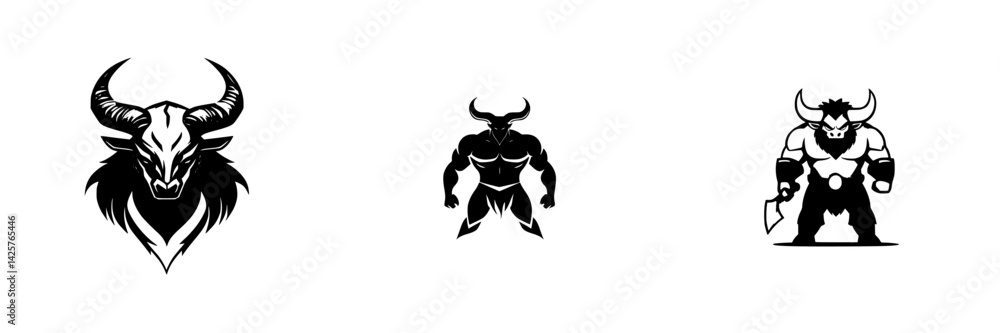 Poster set of black icons depicting stylized bull characters with distinct designs for versatile use in gra