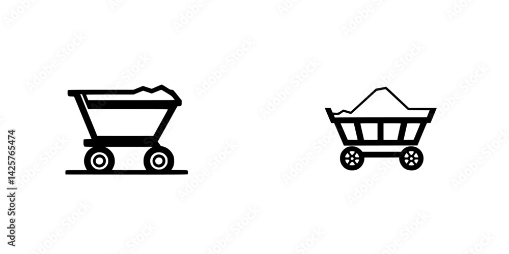 Poster set of black icons representing mining carts filled with materials or ore, ideal for design and illu