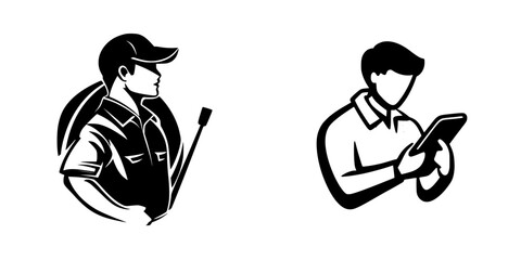 Black icon depicting a worker with a tool and a professional using a tablet in a modern context