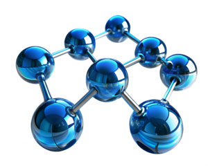 Blue translucent spheres in tetrahedral molecular structure