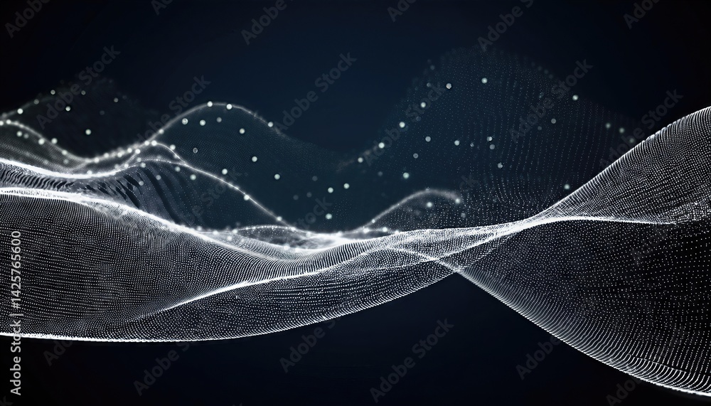 Poster abstract white particle flow on a minimalist wave backdrop vibrant and dynamic interplay of form and