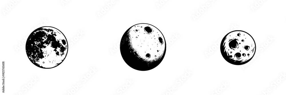 Poster black icon set featuring different moon phases in a minimalistic design for creative projects and di