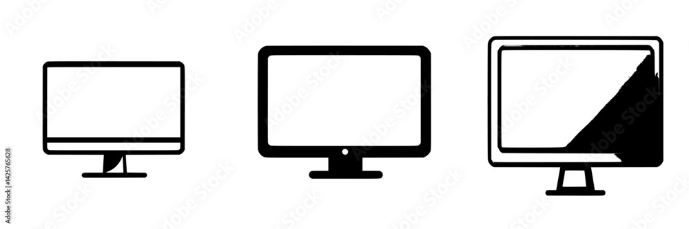 Poster collection of black icons representing different styles of computer monitors designed for digital ap