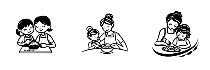 Women and children enjoying cooking together in a fun and creative kitchen environment with black icon style